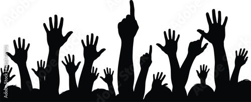 Silhouette of Many Raised Hands on White Background arms crowd