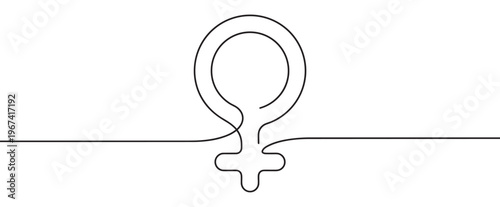 Black continuous line drawing of the female gender symbol on a clean white surface, minimalist and symbolic
