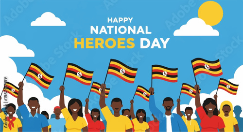 Ugandan people celebrating national heroes day with flags and joyful atmosphere