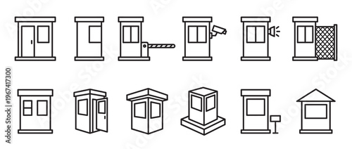 Collection of twelve black outline security booth and checkpoint icons in various styles on a white surface