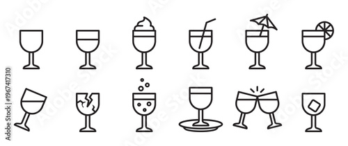 Collection of twelve simple black outline icons depicting various drink glasses and related concepts, presented in a clean, minimalist style