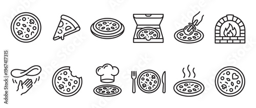Collection of black outline pizza icons showing various stages of preparation, serving, and eating, presented in a clean, graphic style