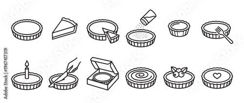 Collection of black outline pie and tart icons showing different stages of preparation and serving, presented in a clean, graphic style