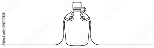 Simple black line art drawing of a classic military canteen with a cap and carrying straps