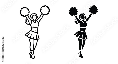 Two cheerleaders raising pom poms in a dynamic black and white silhouette