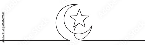 Continuous line drawing of a crescent moon and star, symbolizing Islamic faith and spirituality, rendered in a minimalist black outline style