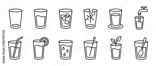 Collection of various outline glass icons, including empty, full, broken, and with drinks, presented in a clean, minimalist style