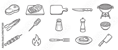 Collection of hand-drawn barbecue and grilling icons, including steak, grill, tools, and seasonings, presented in a clean line art style