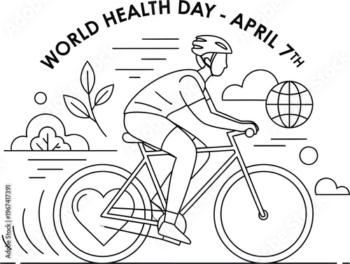 Vector graphic illustration featuring a cyclist riding a bicycle to promote global health awareness on World Health Day, celebrated annually on April seventh.