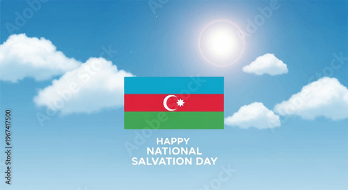 Azerbaijan flag waving under sunny blue sky with white clouds on national salvation day