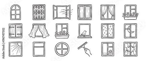 Collection of hand-drawn window illustrations depicting various styles, weather, and scenes in a doodle art style