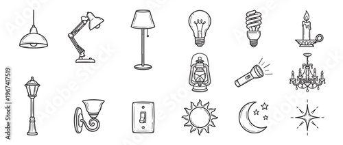 Various hand-drawn black and white line art illustrations of different light sources and related objects, depicted in a simple, doodle style