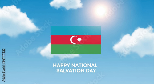 Azerbaijan flag waving under sunny blue sky with white clouds on national salvation day