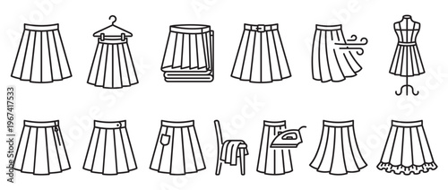 Various pleated skirt outline icons illustrate different styles, actions, and states of this classic garment with clean lines