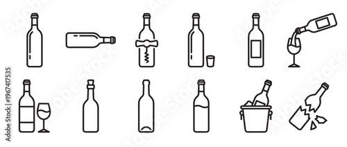 Collection of black outline wine bottle icons illustrating various states and actions, including pouring, opening, and breaking
