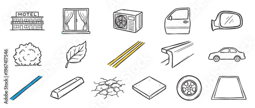 Hand-drawn black outline icons representing various urban and natural elements, including a motel, car, and leaf