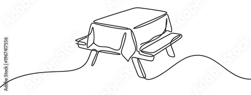 Simple black line art drawing of a picnic table with a tablecloth, rendered in a continuous single line style