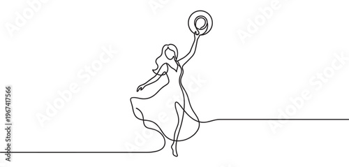 Beautiful young woman in a dress holding a hat up in the air, drawn in a continuous line art style