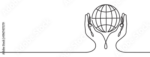 Continuous line drawing of two hands gently holding a grid-patterned globe, symbolizing global care and connection
