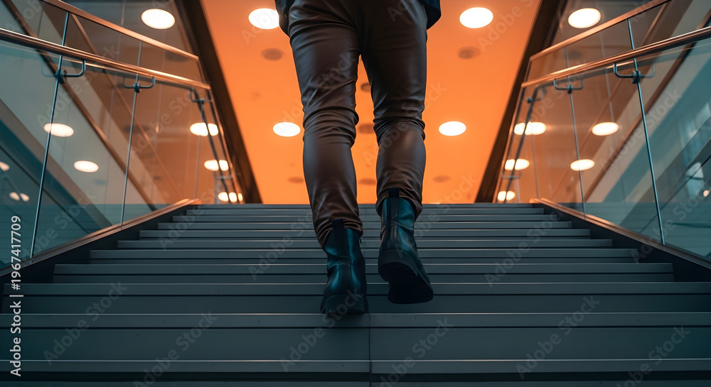 Obraz premium Business professional walking down modern escalator in corporate office building with warm lighting