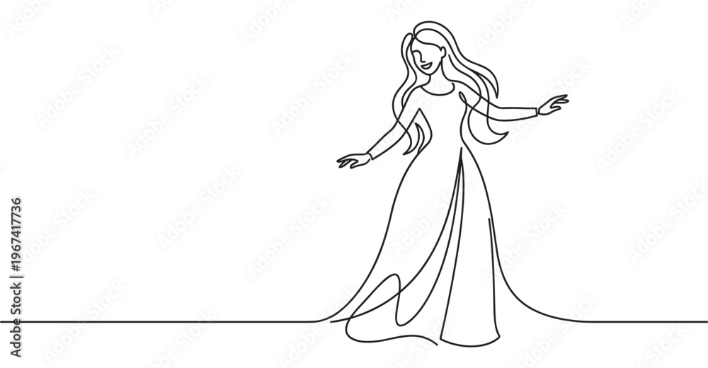 Fototapeta premium Beautiful young woman in a flowing dress is depicted in a continuous line art drawing, smiling with arms outstretched