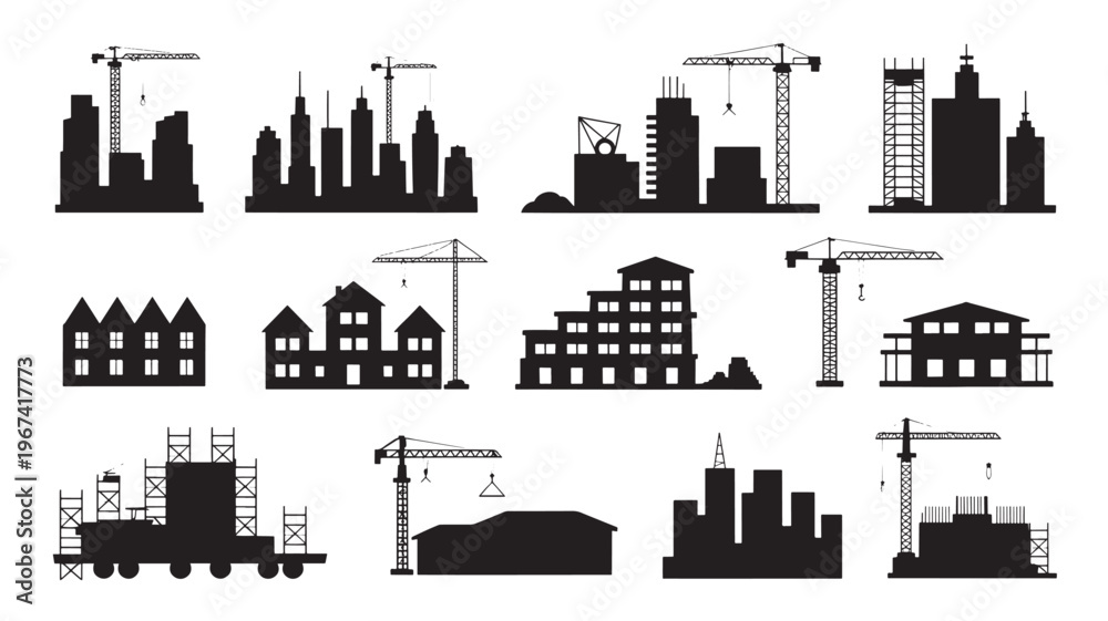 Fototapeta premium City skyline and construction silhouette icon set