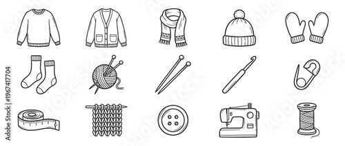 Hand-drawn black outline icons of knitting and sewing items, including clothing, tools, and accessories, on a clean white surface