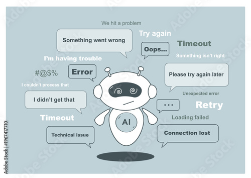 Illustration of error screen. AI chatbot error concept, virtual assistant character with system failure messages