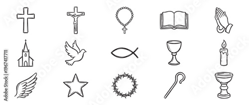 Various hand-drawn Christian religious symbols and icons are neatly arranged in a grid, featuring crosses, a church, and a dove
