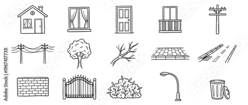 Collection of hand-drawn black and white doodle icons depicting various urban and suburban elements, presented with a simple, graphic style