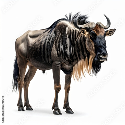 Full body studio portrait of a blue wildebeest standing on white background, featuring curved horns, a long beard, and dark mane, isolated gnu specimen for wildlife biology.