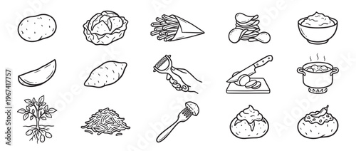 This collection of black and white line art illustrations depicts various potato forms and cooking processes, from raw to prepared dishes