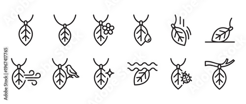 Collection of twelve black outline leaf pendant icons, each depicting a different natural interaction or state