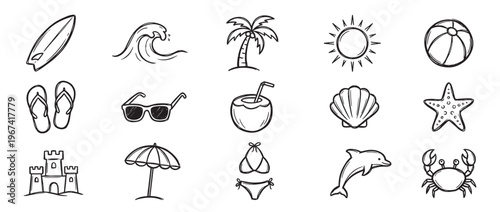 Collection of hand-drawn black and white summer and beach-themed doodle icons on a clean white surface