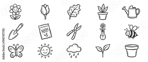 Collection of hand-drawn gardening and nature icons, including flowers, tools, insects, and weather elements, presented in a playful doodle style