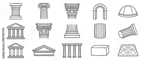 Various hand-drawn architectural elements, including classical columns, arches, and building fragments, are depicted in a clean, illustrative style