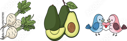 Avocado radish and cute birds collection with vegetables fruits and love cartoon vector illustration set isolated on white background