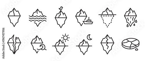 Collection of twelve distinct black outline iceberg icons depicting various states and interactions, presented in a clean, minimalist style