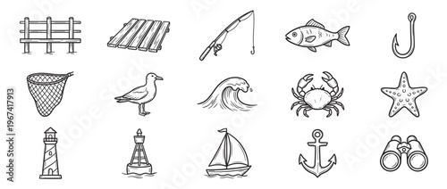 This collection of hand-drawn nautical and fishing-themed illustrations features a variety of marine elements in a charming doodle style