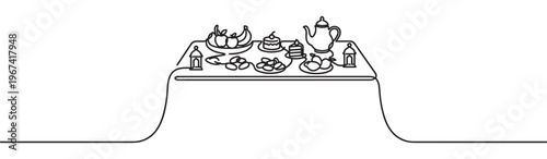 Continuous line drawing of a festive table laden with fruits, cakes, dates, and a teapot, flanked by lanterns