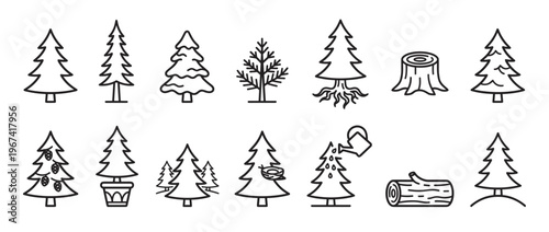 Collection of various simple black outline tree icons, including fir trees, a tree stump, and a log, presented in a clean, minimalist style