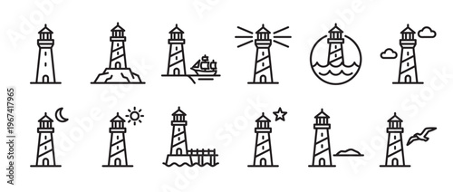 Collection of twelve black outline lighthouse icons depicting various maritime scenes and weather conditions, presented in a clean, minimalist style