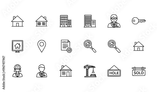 Real Estate Icons Set Black Line Property and Housing Symbols Vector Collection