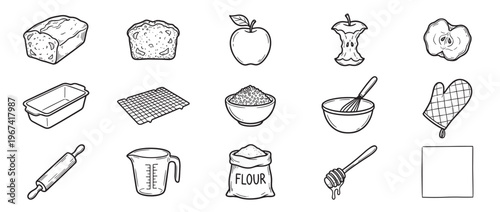 Collection of hand-drawn black and white baking ingredients and kitchen tools, including bread, apples, flour, and a rolling pin
