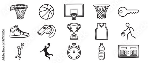 Collection of hand-drawn black and white basketball-themed icons, including a hoop, ball, shoe, whistle, trophy, jersey, and players
