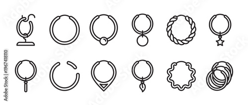 Collection of various simple outline jewelry icons, including necklaces, earrings, and bracelets, presented in a clean, modern style