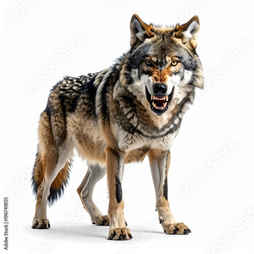 Detailed studio portrait of a snarling gray wolf standing in a defensive stance on a white background, showing sharp teeth and fangs with an aggressive and threatening facial expression.