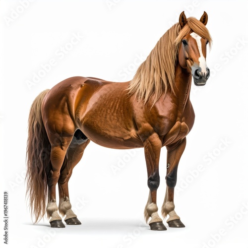 Full body studio profile of a powerful chestnut horse with long flaxen mane and tail, featuring white blaze on face and white socks on legs, isolated on white background.