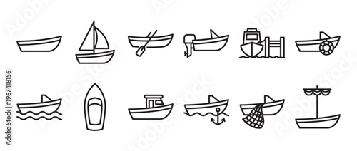 Collection of twelve simple black outline boat icons, including sailboats, rowboats, motorboats, and fishing vessels, presented in a clean, graphic style
