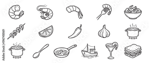 Collection of hand-drawn black and white icons depicting various shrimp dishes, cooking ingredients, and kitchen items in a clean, illustrative style